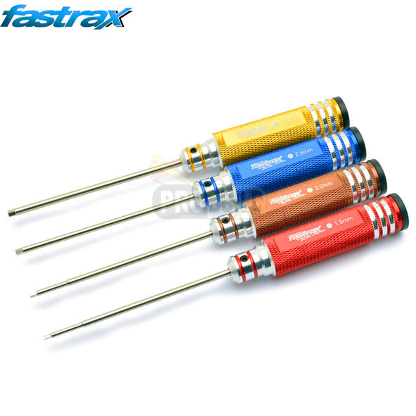 Set of four screwdrivers with colored handles on a white background, featuring the Fastrax brand.