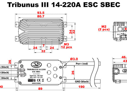 Technical diagram of Tribunus III 14-220A ESC SBEC with dimensions and color codes.