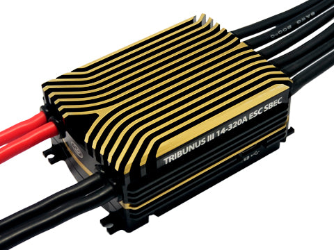 Black and gold electronic speed controller with red and black wires on a white background