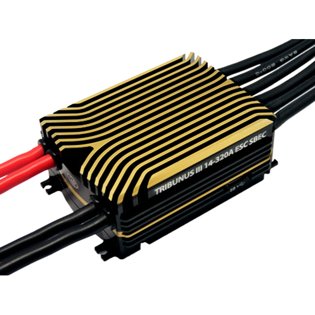 Black and gold electronic speed controller with red and black wires on a white background