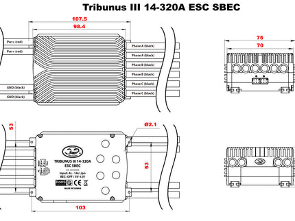 Technical drawing of a Tribunus III 14-320A ESC SBEC electronic speed controller with dimensions and specifications.