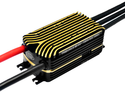 Black and yellow electronic component with red and black wires on a white background