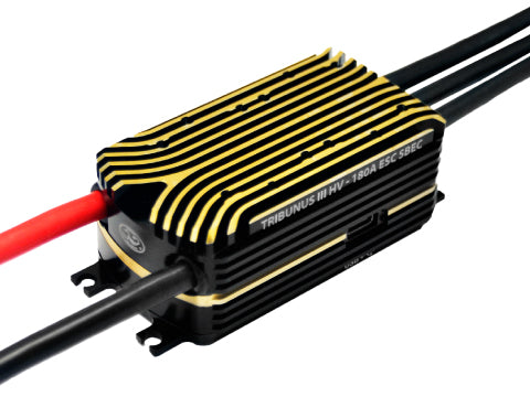 Black and yellow electronic component with red and black wires on a white background