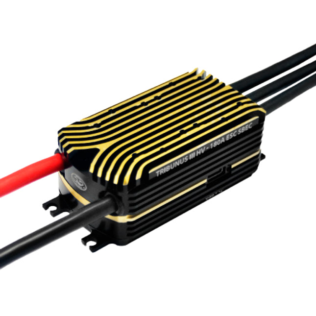 Black and yellow electronic component with red and black wires on a white background