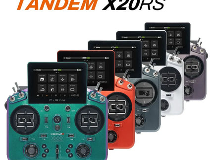 Collection of TANDEM X20RS remote controllers in various colors on a white background