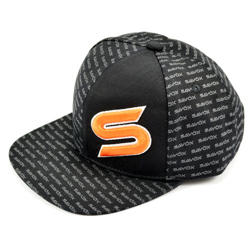 Black cap with orange logo and Savox branding on a white background