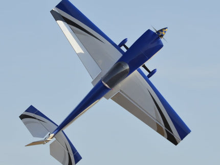 Blue and white airplane model against a clear blue sky